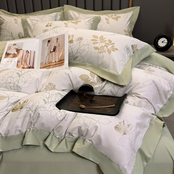 91家纺网 家纺一手货源 找家纺 乐蔻家纺 2026新款宽边数码精梳长绒棉纯棉四件套 晚叶初晓 绿