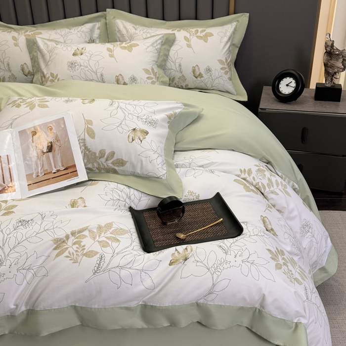 91家纺网 家纺一手货源 找家纺 乐蔻家纺 2026新款宽边数码精梳长绒棉纯棉四件套 晚叶初晓 绿