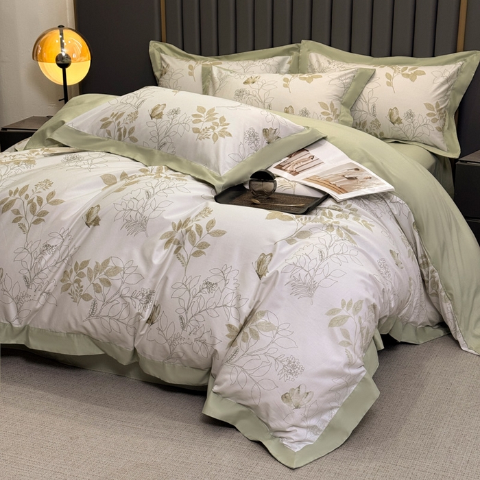 91家纺网 家纺一手货源 找家纺 乐蔻家纺 2026新款宽边数码精梳长绒棉纯棉四件套 晚叶初晓 绿