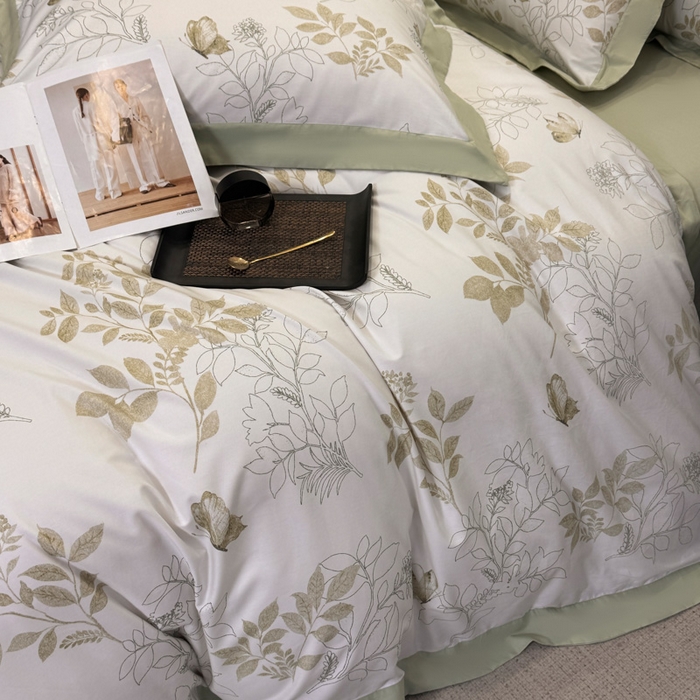 91家纺网 家纺一手货源 找家纺 乐蔻家纺 2026新款宽边数码精梳长绒棉纯棉四件套 晚叶初晓 绿