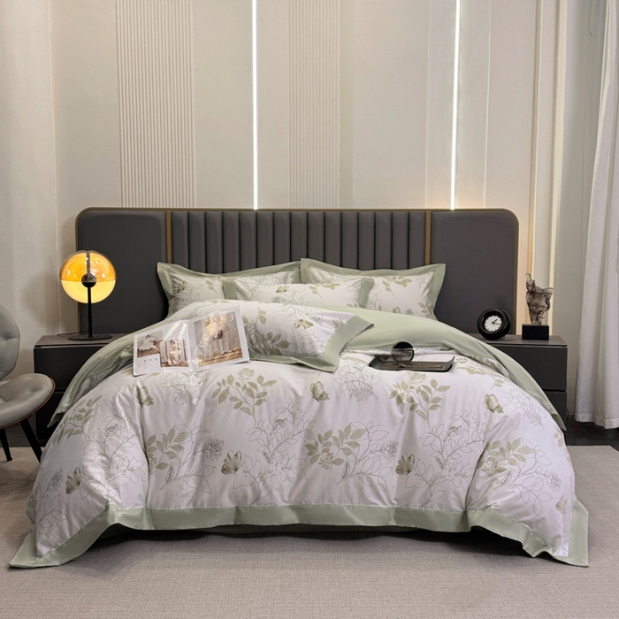 91家纺网 家纺一手货源 找家纺 乐蔻家纺 2026新款宽边数码精梳长绒棉纯棉四件套 晚叶初晓 绿