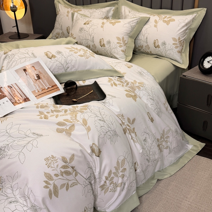 91家纺网 家纺一手货源 找家纺 乐蔻家纺 2026新款宽边数码精梳长绒棉纯棉四件套 晚叶初晓 绿