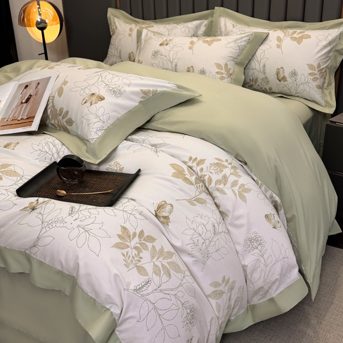 91家纺网 家纺一手货源 找家纺 乐蔻家纺 2026新款宽边数码精梳长绒棉纯棉四件套 晚叶初晓 绿