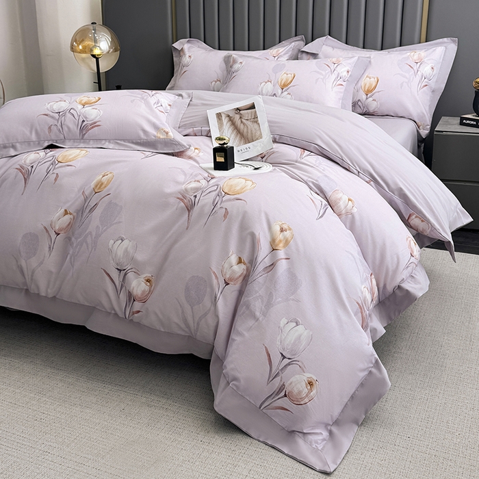 91家纺网 家纺一手货源 找家纺 乐蔻家纺 2026新款宽边数码精梳长绒棉纯棉四件套 闲趣 紫