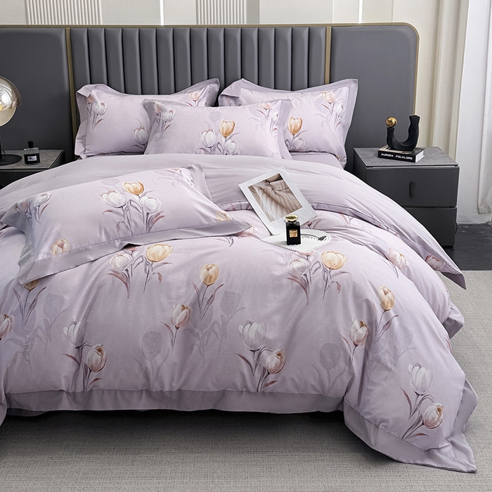 91家纺网 家纺一手货源 找家纺 乐蔻家纺 2026新款宽边数码精梳长绒棉纯棉四件套 闲趣 紫