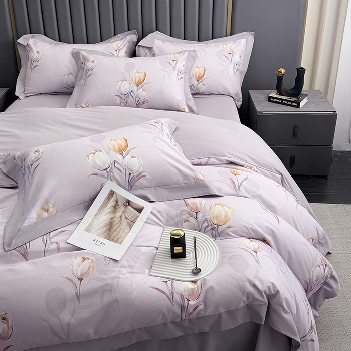 91家纺网 家纺一手货源 找家纺 乐蔻家纺 2026新款宽边数码精梳长绒棉纯棉四件套 闲趣 紫