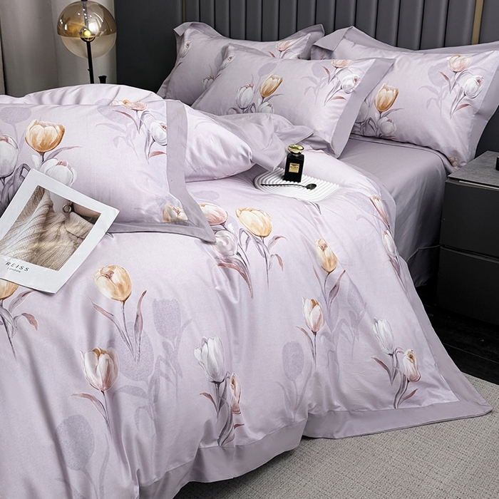 91家纺网 家纺一手货源 找家纺 乐蔻家纺 2026新款宽边数码精梳长绒棉纯棉四件套 闲趣 紫