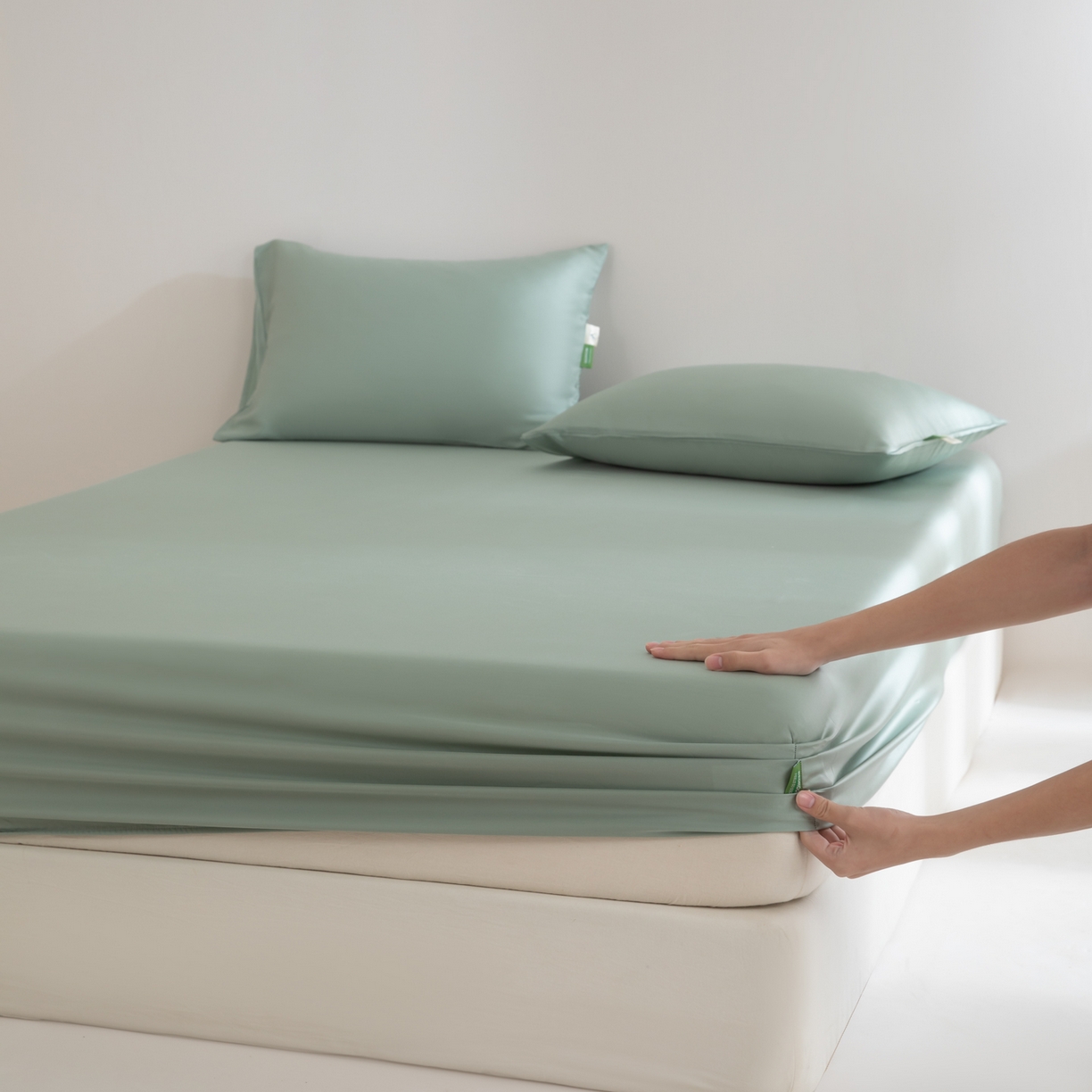 眠博士 2026新款60S天丝莱赛尔纯色床笠-场景一 60S天丝床笠-薄荷绿