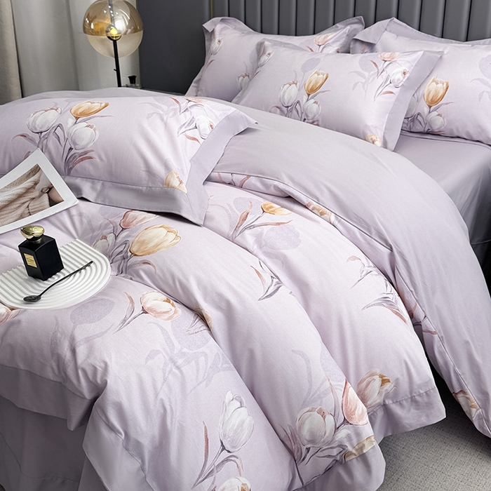 91家纺网 家纺一手货源 找家纺 乐蔻家纺 2026新款宽边数码精梳长绒棉纯棉四件套 闲趣 紫