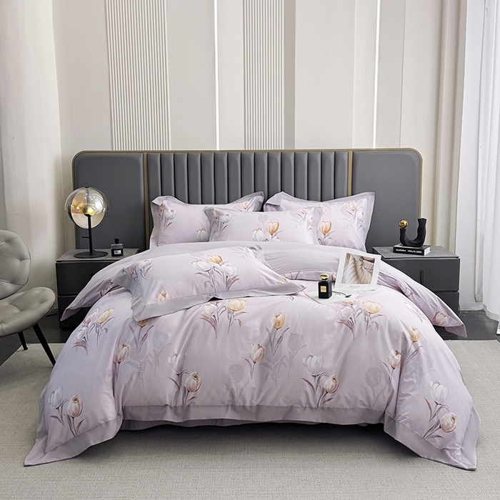 91家纺网 家纺一手货源 找家纺 乐蔻家纺 2026新款宽边数码精梳长绒棉纯棉四件套 闲趣 紫