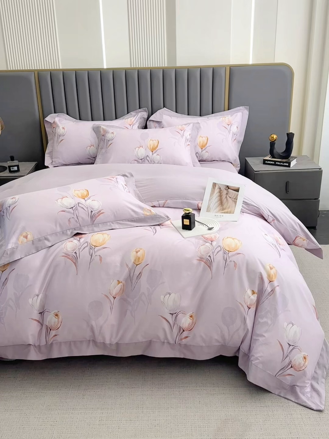 91家纺网 家纺一手货源 找家纺 乐蔻家纺 2026新款宽边数码精梳长绒棉纯棉四件套 闲趣 紫