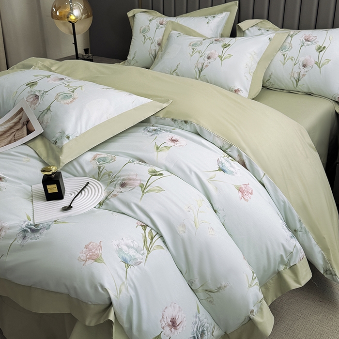 91家纺网 家纺一手货源 找家纺 乐蔻家纺 2026新款宽边数码精梳长绒棉纯棉四件套 雅曼妮 绿