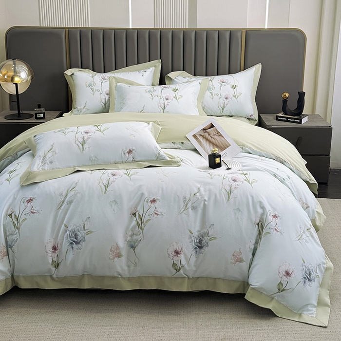 91家纺网 家纺一手货源 找家纺 乐蔻家纺 2026新款宽边数码精梳长绒棉纯棉四件套 雅曼妮 绿