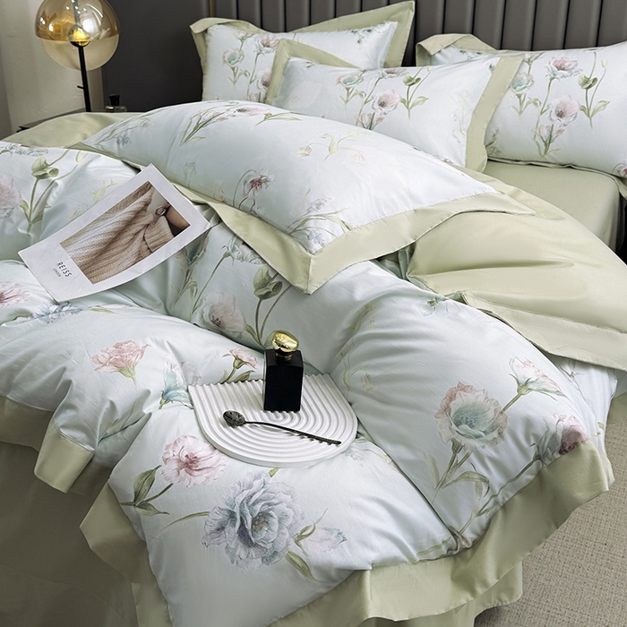 91家纺网 家纺一手货源 找家纺 乐蔻家纺 2026新款宽边数码精梳长绒棉纯棉四件套 雅曼妮 绿