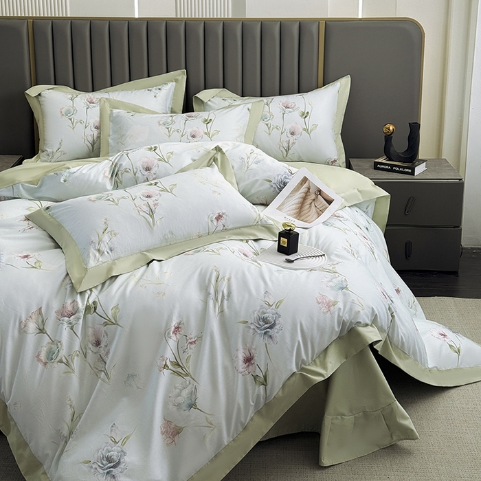 91家纺网 家纺一手货源 找家纺 乐蔻家纺 2026新款宽边数码精梳长绒棉纯棉四件套 雅曼妮 绿