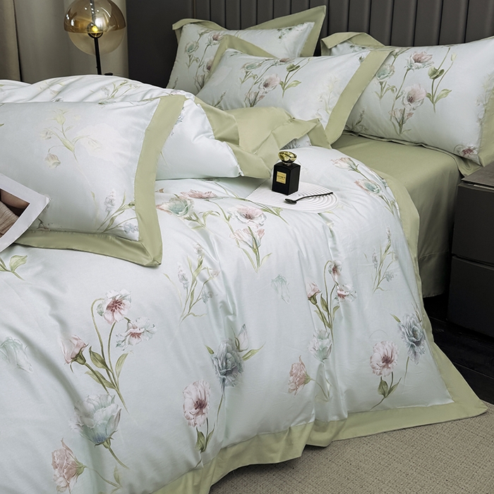 91家纺网 家纺一手货源 找家纺 乐蔻家纺 2026新款宽边数码精梳长绒棉纯棉四件套 雅曼妮 绿