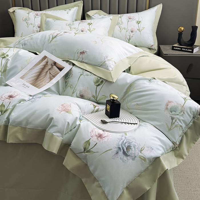 91家纺网 家纺一手货源 找家纺 乐蔻家纺 2026新款宽边数码精梳长绒棉纯棉四件套 雅曼妮 绿