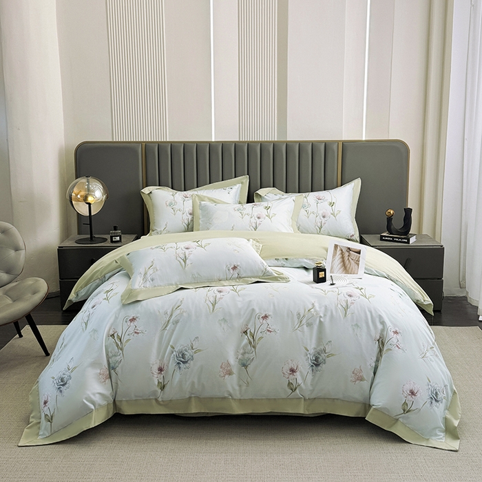 91家纺网 家纺一手货源 找家纺 乐蔻家纺 2026新款宽边数码精梳长绒棉纯棉四件套 雅曼妮 绿