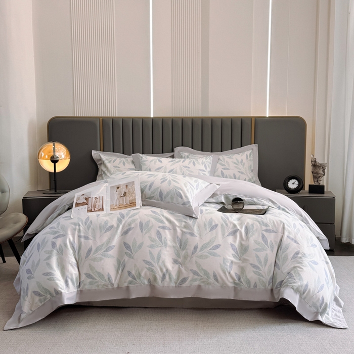 91家纺网 家纺一手货源 找家纺 乐蔻家纺 2026新款宽边数码精梳长绒棉纯棉四件套 叶眠 雾白