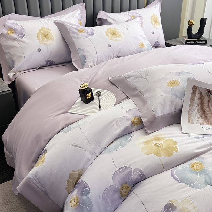 乐蔻家纺 2026新款宽边数码精梳长绒棉纯棉四件套 怡淡静雅 紫