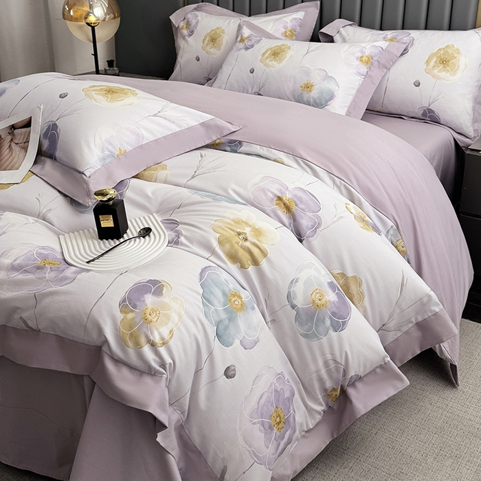 91家纺网 家纺一手货源 找家纺 乐蔻家纺 2026新款宽边数码精梳长绒棉纯棉四件套 怡淡静雅 紫