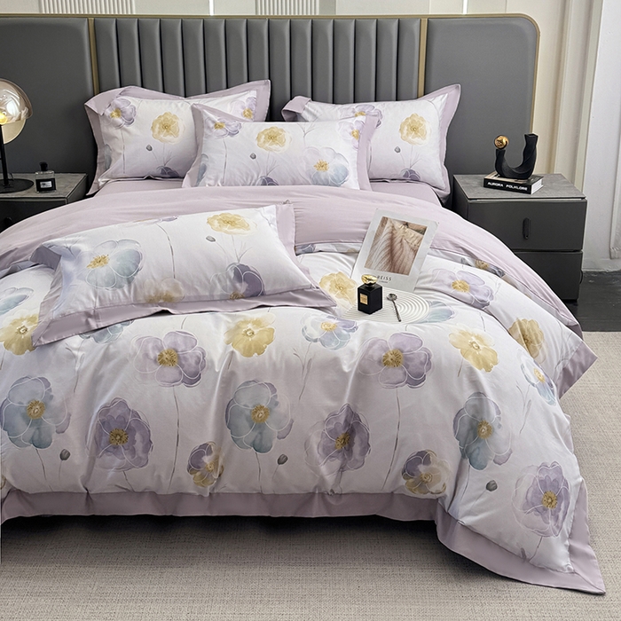 91家纺网 家纺一手货源 找家纺 乐蔻家纺 2026新款宽边数码精梳长绒棉纯棉四件套 怡淡静雅 紫