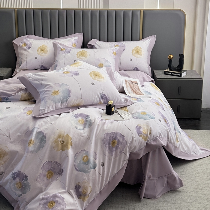 91家纺网 家纺一手货源 找家纺 乐蔻家纺 2026新款宽边数码精梳长绒棉纯棉四件套 怡淡静雅 紫