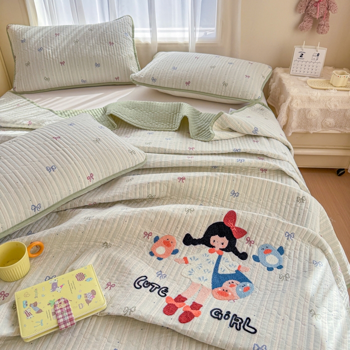 91家纺网 家纺一手货源 找家纺 赛丽雅 2026春夏新款毛巾绣床盖三件套 青春女孩