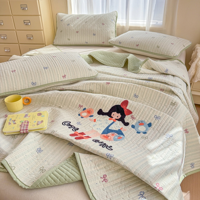 91家纺网 家纺一手货源 找家纺 赛丽雅 2026春夏新款毛巾绣床盖三件套 青春女孩