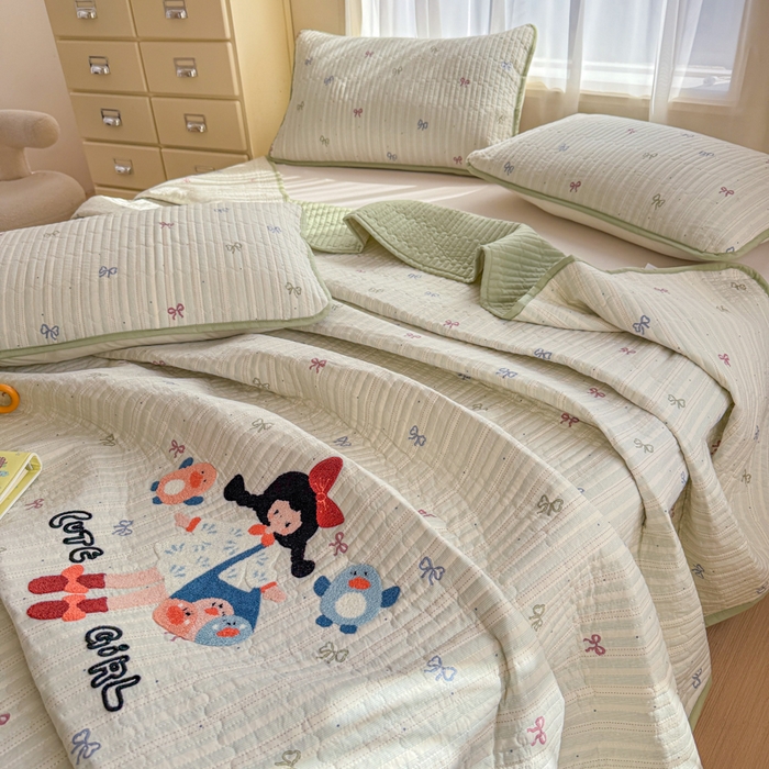 91家纺网 家纺一手货源 找家纺 赛丽雅 2026春夏新款毛巾绣床盖三件套 青春女孩