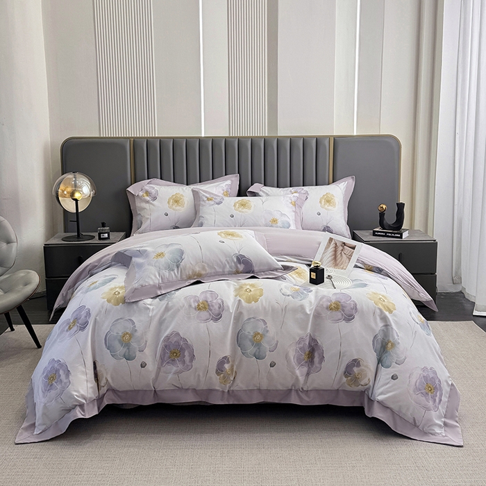 91家纺网 家纺一手货源 找家纺 乐蔻家纺 2026新款宽边数码精梳长绒棉纯棉四件套 怡淡静雅 紫