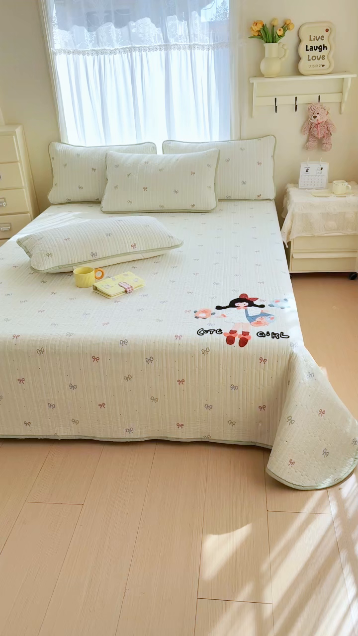 91家纺网 家纺一手货源 找家纺 赛丽雅 2026春夏新款毛巾绣床盖三件套 青春女孩