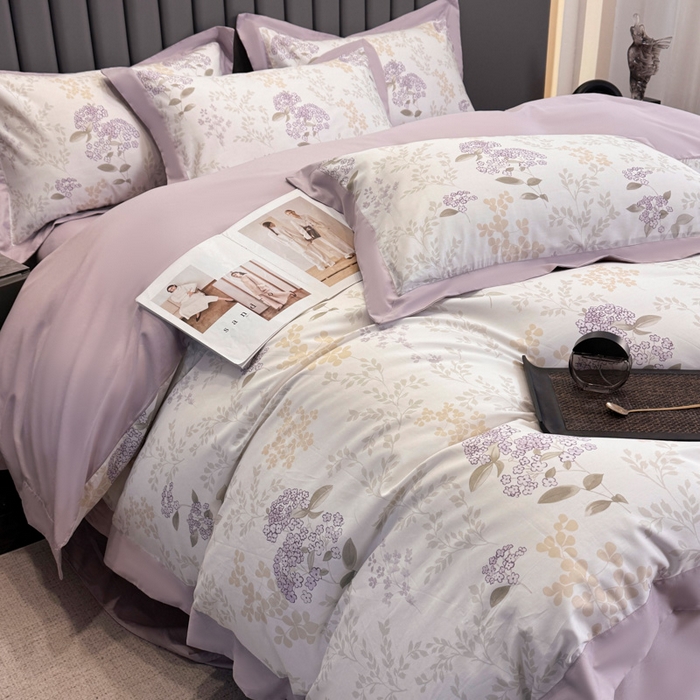 乐蔻家纺 2026新款宽边数码精梳长绒棉纯棉四件套 樱花草 紫