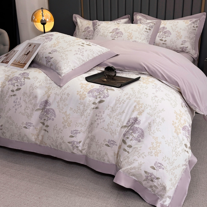 91家纺网 家纺一手货源 找家纺 乐蔻家纺 2026新款宽边数码精梳长绒棉纯棉四件套 樱花草 紫