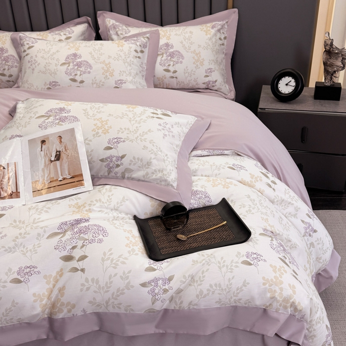 91家纺网 家纺一手货源 找家纺 乐蔻家纺 2026新款宽边数码精梳长绒棉纯棉四件套 樱花草 紫