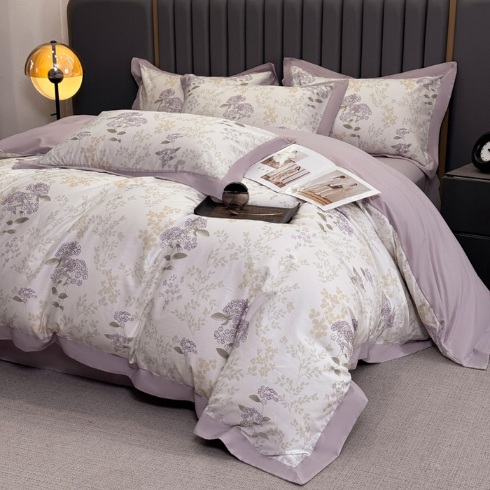 91家纺网 家纺一手货源 找家纺 乐蔻家纺 2026新款宽边数码精梳长绒棉纯棉四件套 樱花草 紫