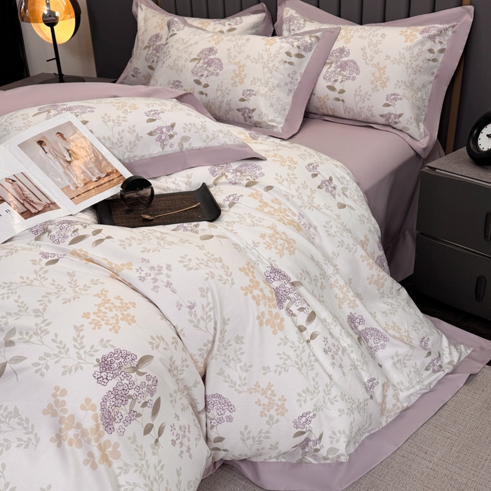 91家纺网 家纺一手货源 找家纺 乐蔻家纺 2026新款宽边数码精梳长绒棉纯棉四件套 樱花草 紫