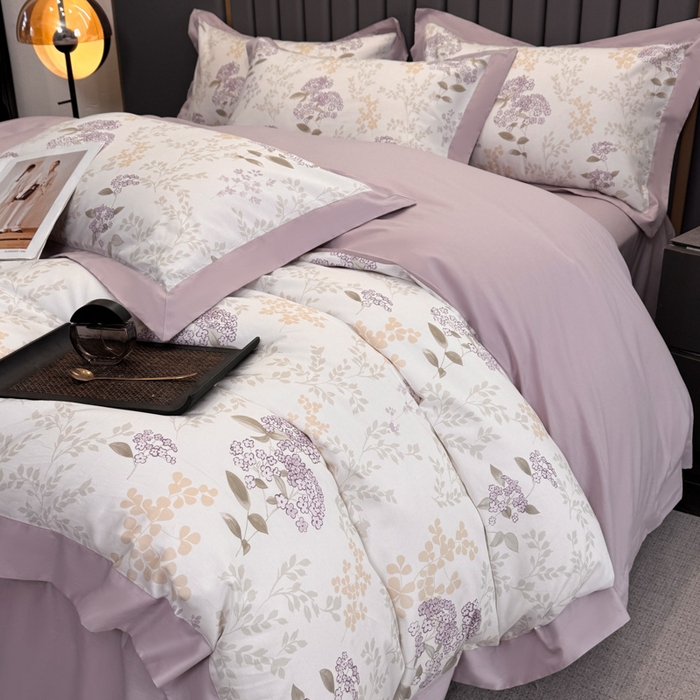 91家纺网 家纺一手货源 找家纺 乐蔻家纺 2026新款宽边数码精梳长绒棉纯棉四件套 樱花草 紫