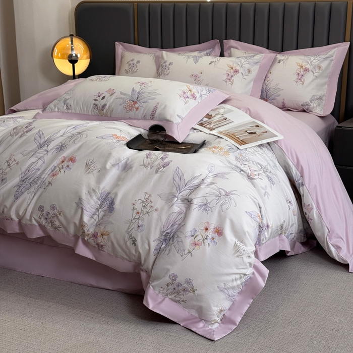 91家纺网 家纺一手货源 找家纺 乐蔻家纺 2026新款宽边数码精梳长绒棉纯棉四件套 悠冉 紫