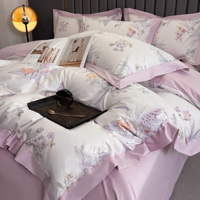 91家纺网 家纺一手货源 找家纺 乐蔻家纺 2026新款宽边数码精梳长绒棉纯棉四件套 悠冉 紫