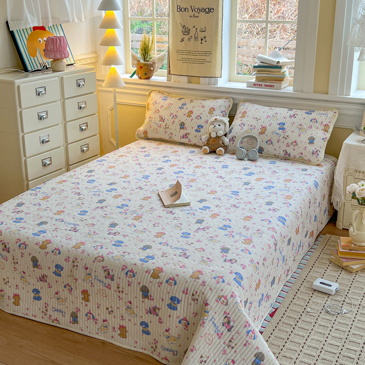 91家纺网 家纺一手货源 找家纺 默忆 2026新款A类小清新四季可用学生宿舍床单  单件全棉炕盖床盖炕毯三件套 萌宠乐园