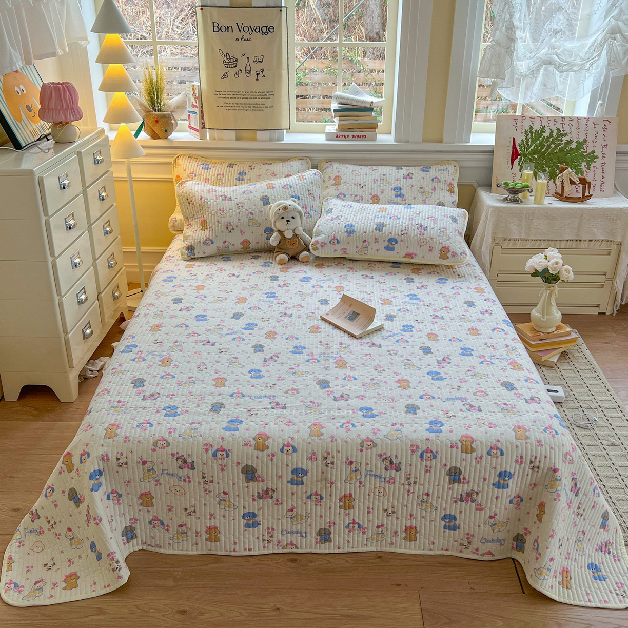 91家纺网 家纺一手货源 找家纺 默忆 2026新款A类小清新四季可用学生宿舍床单  单件全棉炕盖床盖炕毯三件套 萌宠乐园