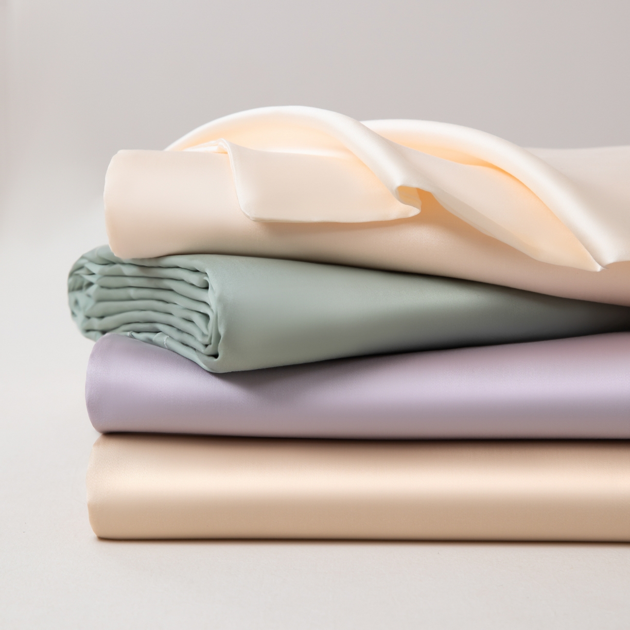 91家纺网 家纺一手货源 找家纺 眠博士 2026新款60S天丝莱赛尔纯色床笠-场景一 叠拍组合图-60S天丝