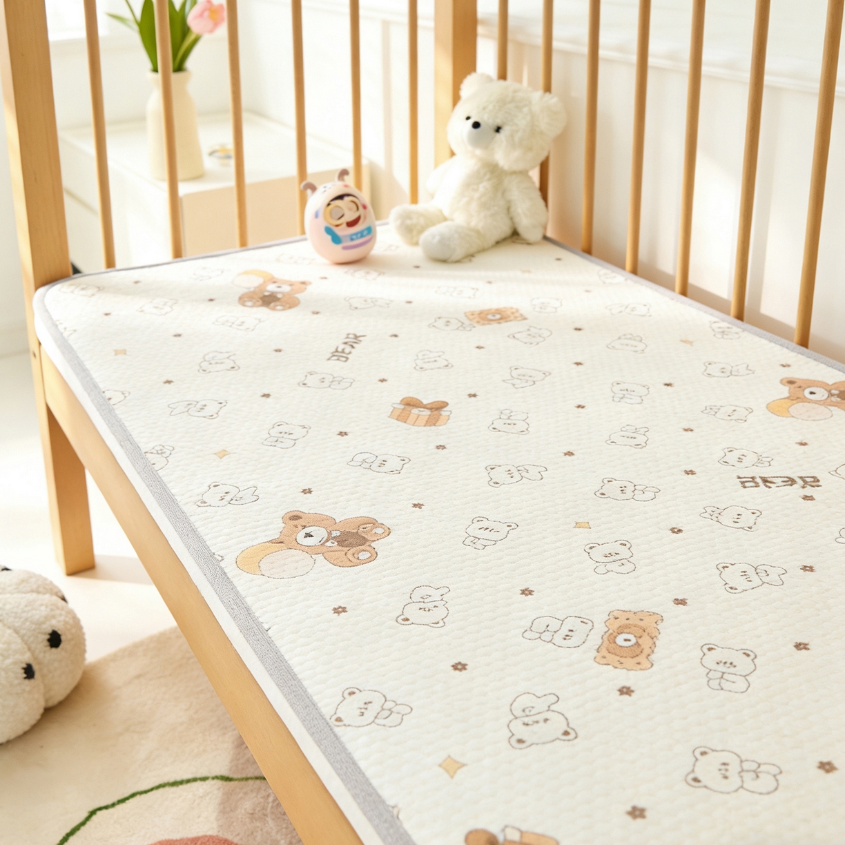 91家纺网 家纺一手货源 找家纺 家品罗兰 2026新款A类母婴级卡通婴儿凉感冰豆豆凉席儿童新生小宝宝床幼儿园床拼接床冰丝席床单垫可机洗夏空调席 饼干熊【三明治透气网底】