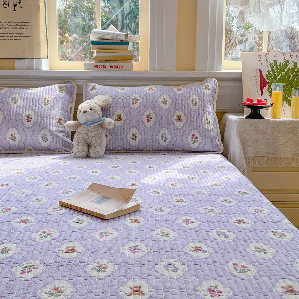 91家纺网 家纺一手货源 找家纺 默忆 2026新款A类小清新四季可用学生宿舍床单  单件全棉炕盖床盖炕毯三件套 紫韵花开