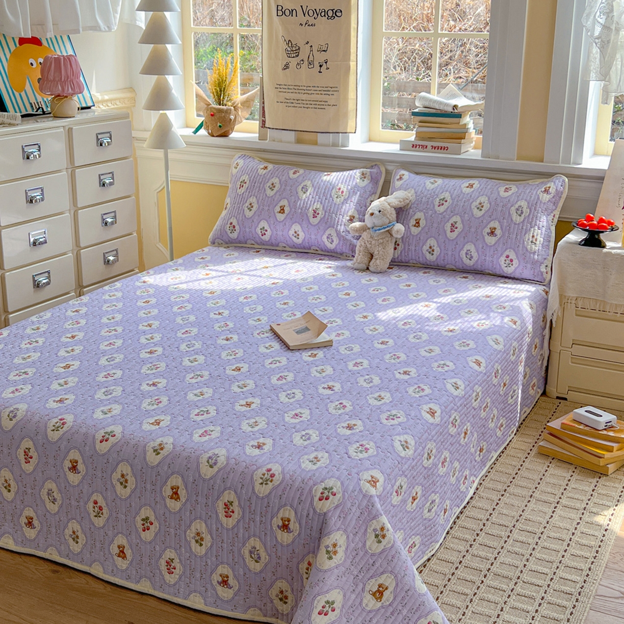 91家纺网 家纺一手货源 找家纺 默忆 2026新款A类小清新四季可用学生宿舍床单  单件全棉炕盖床盖炕毯三件套 紫韵花开