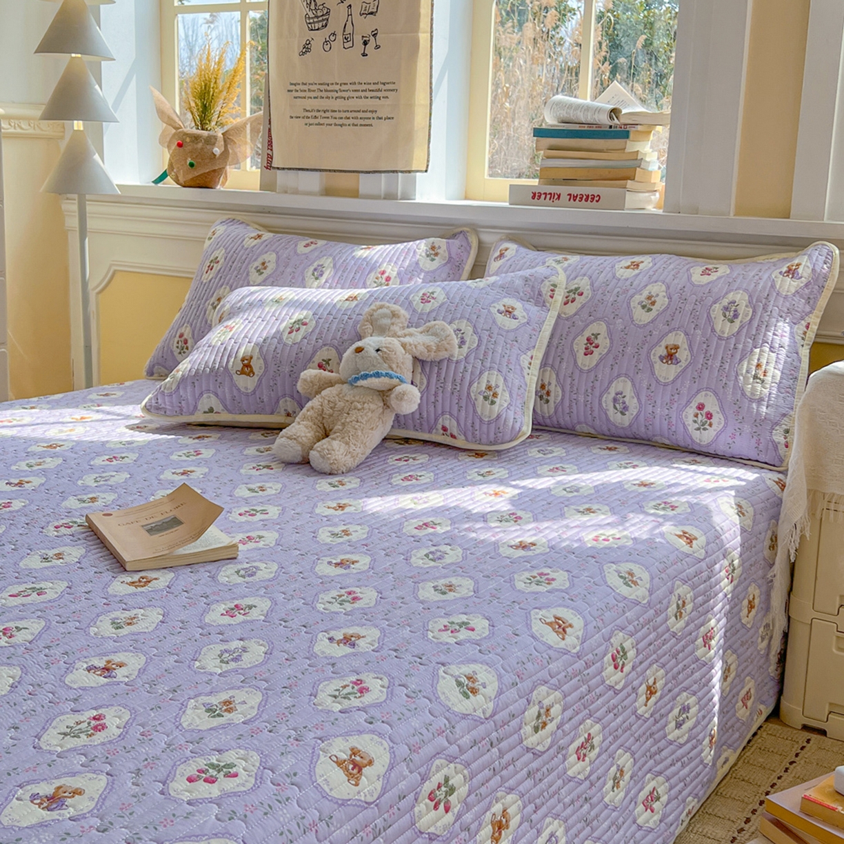 91家纺网 家纺一手货源 找家纺 默忆 2026新款A类小清新四季可用学生宿舍床单  单件全棉炕盖床盖炕毯三件套 紫韵花开