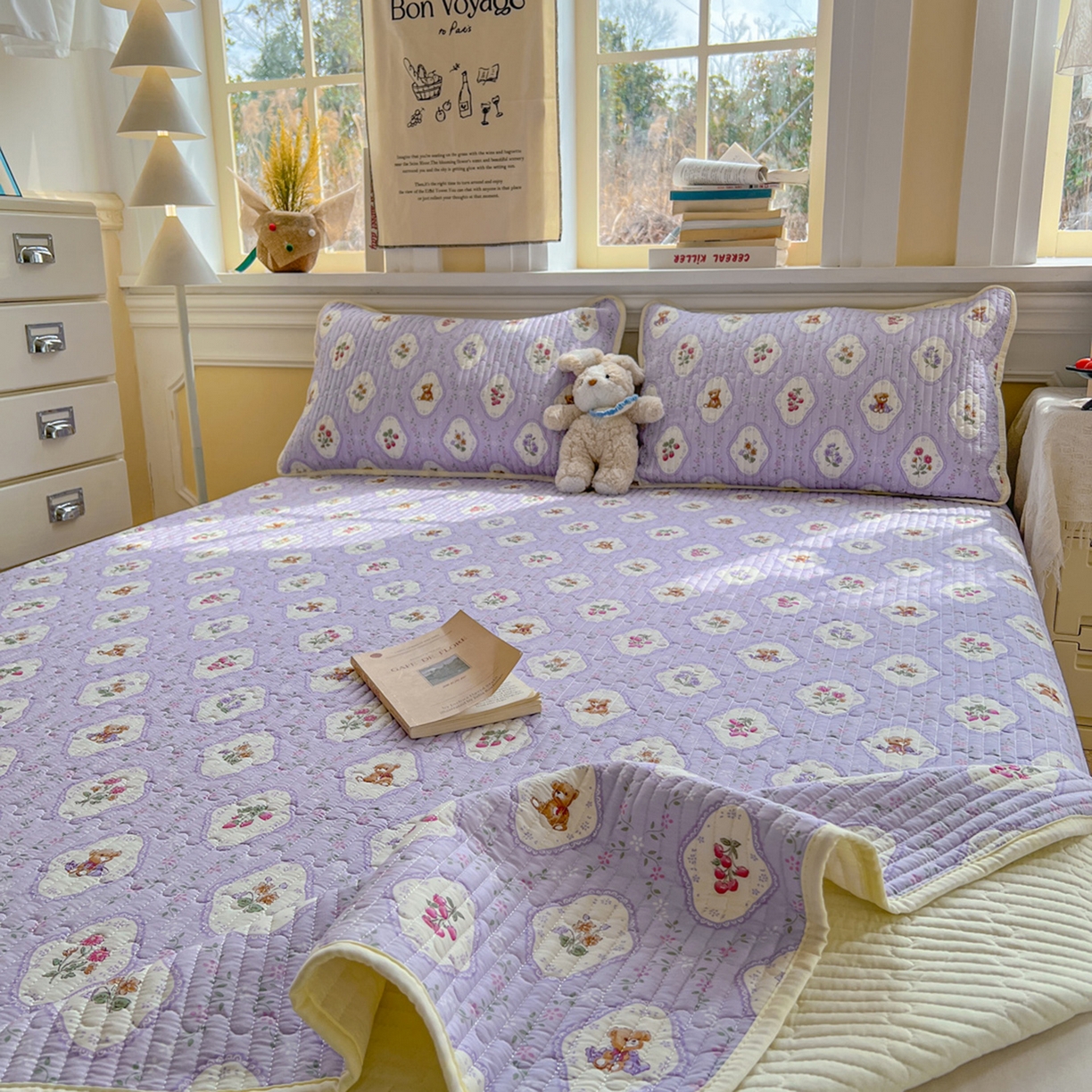 91家纺网 家纺一手货源 找家纺 默忆 2026新款A类小清新四季可用学生宿舍床单  单件全棉炕盖床盖炕毯三件套 紫韵花开