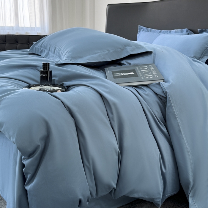 91家纺网 家纺一手货源 找家纺 乐蔻家纺 2026新款100S长绒棉纯棉素色款四件套 天空蓝