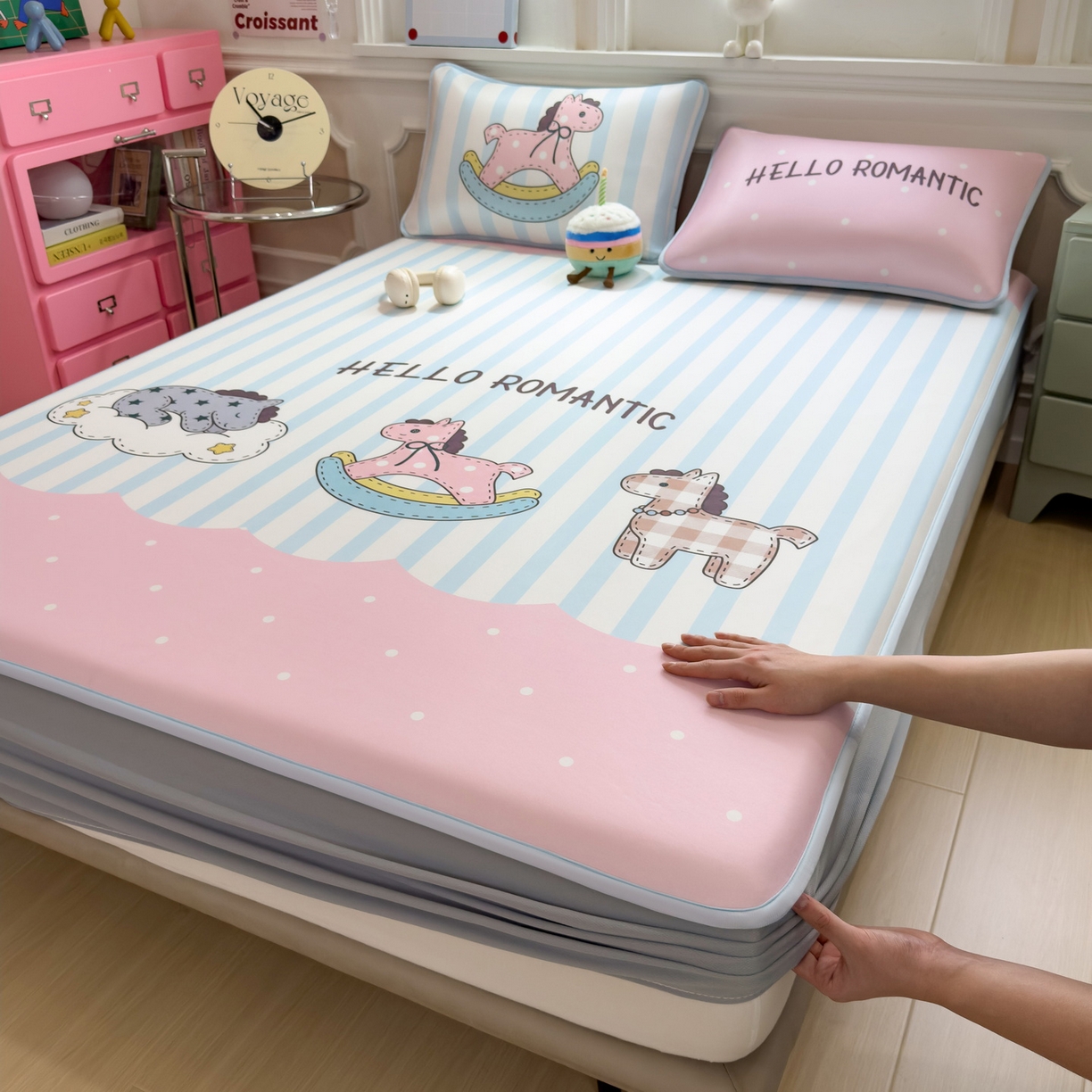 丝羽坊 2026新款ins设计师原创大版小清新卡通冰皮复合软凉席 浪漫木马-床笠款